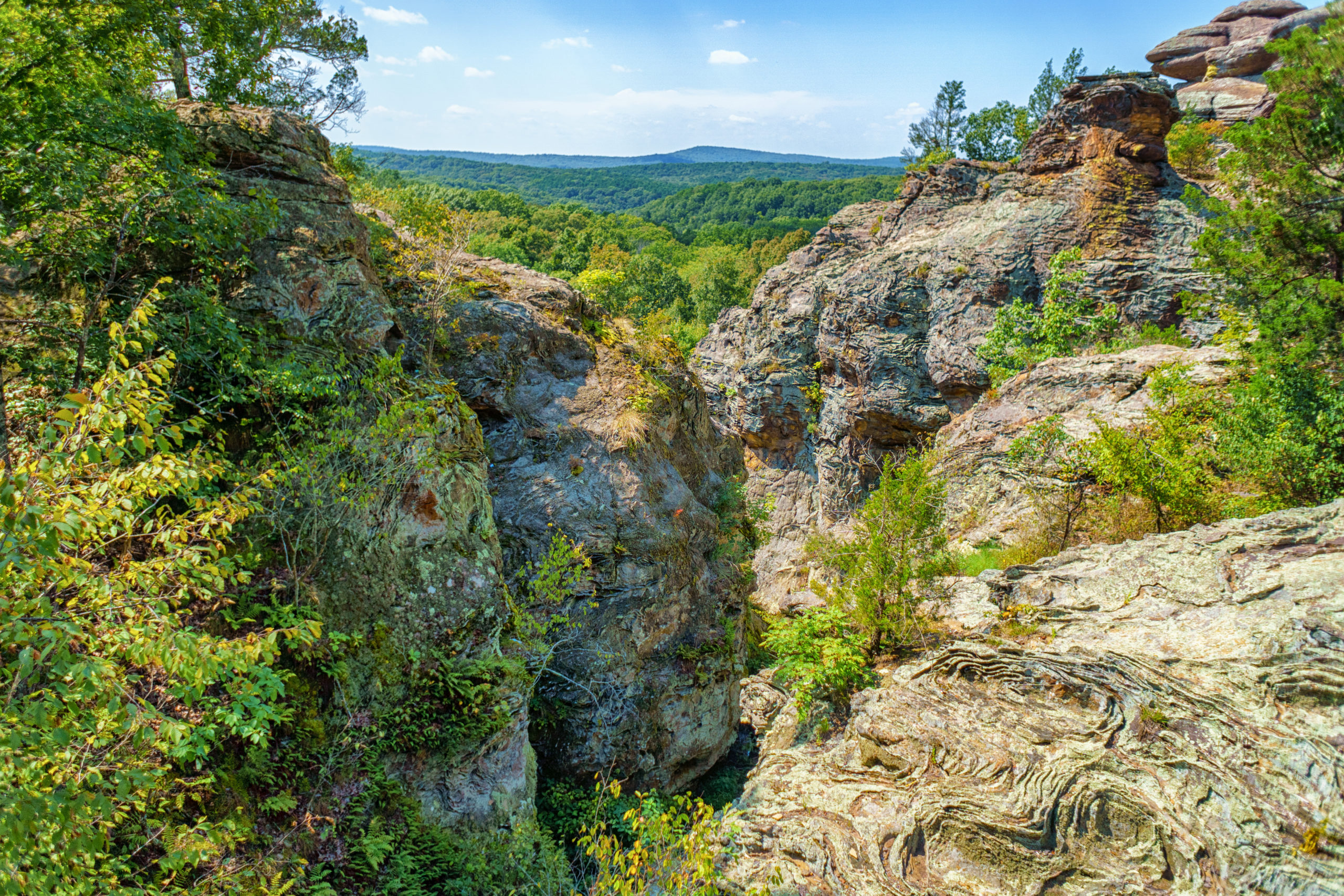 A view of cliffs and weathered rock patterns at Garden of the Gods in Southern Illinois.