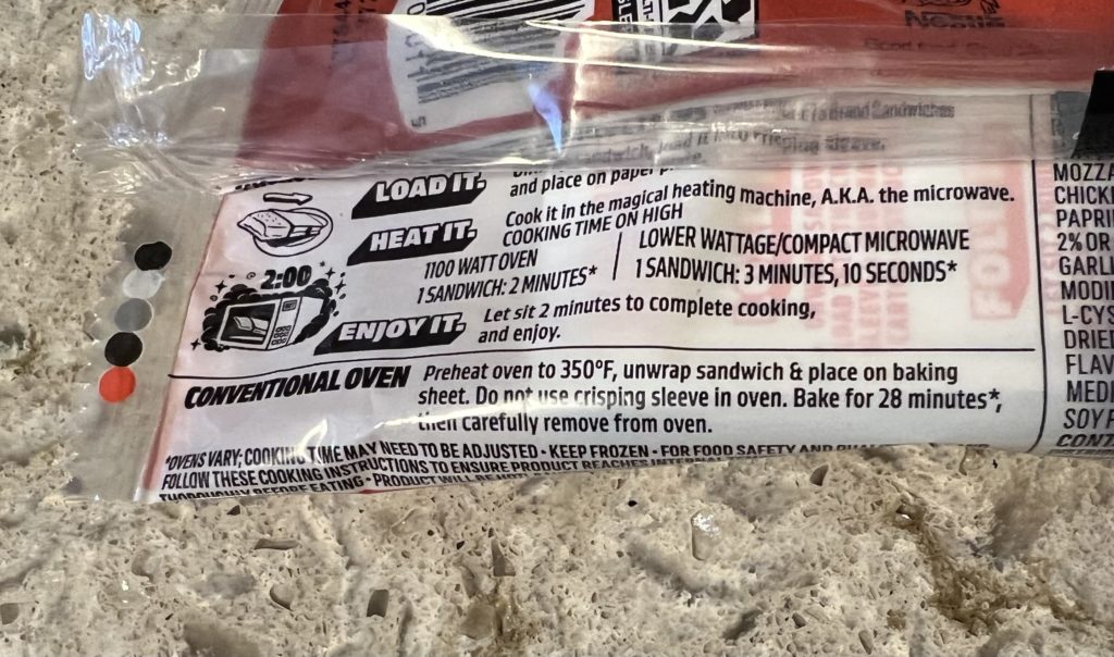 A Hot Pocket wrapper with instructions for cooking in a conventional oven.