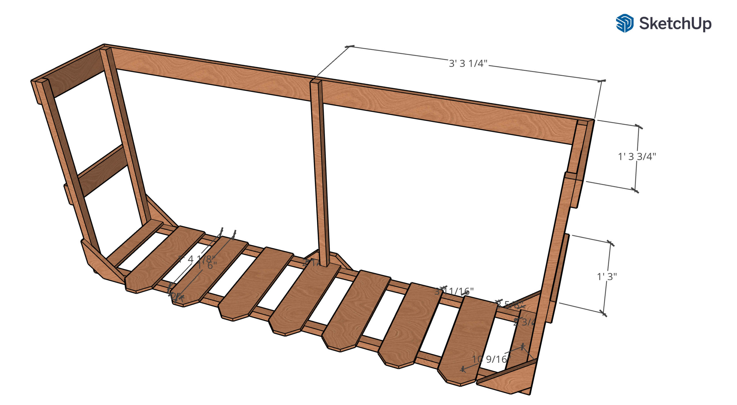 A 3D model of a firewood rack, with wood-textured pieces and dimensions.