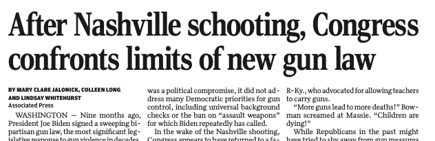 A screenshot of a printed newspaper headline and story. The headline reads "After Nashville schooting, Congress confronts limits of new gun law". The word "shooting" is spelled s-c-h-o-o-t-i-n-g.