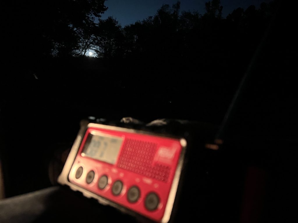 A red radio in the foreground. The background is dark, trees silhouetted against a dark blue sky. A bright full moon is just visible above the tree line. 